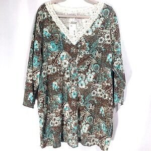 Erica Simone Womens 2x Tunic Lace V Neck Stretch 3/4 Sleeve Accordion Pleats
